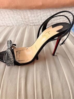 Christian Louboutin Black Satin Crystal Bow Slingback Heels